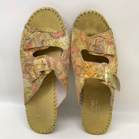 La Plume Floral Leather Yellow Slip on  Made in Italy Sandals Size 9 EUR 40 - Picture 10 of 13